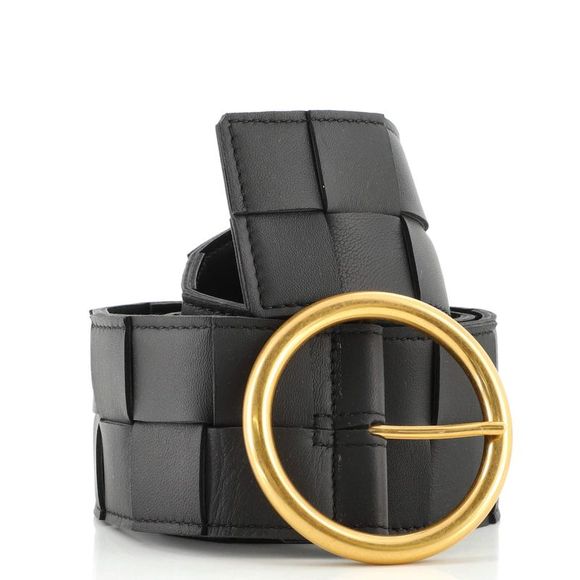 Bottega Veneta Circular Buckle Belt Maxi Intrecciato Leather Wide 75 Black - Picture 5 of 6